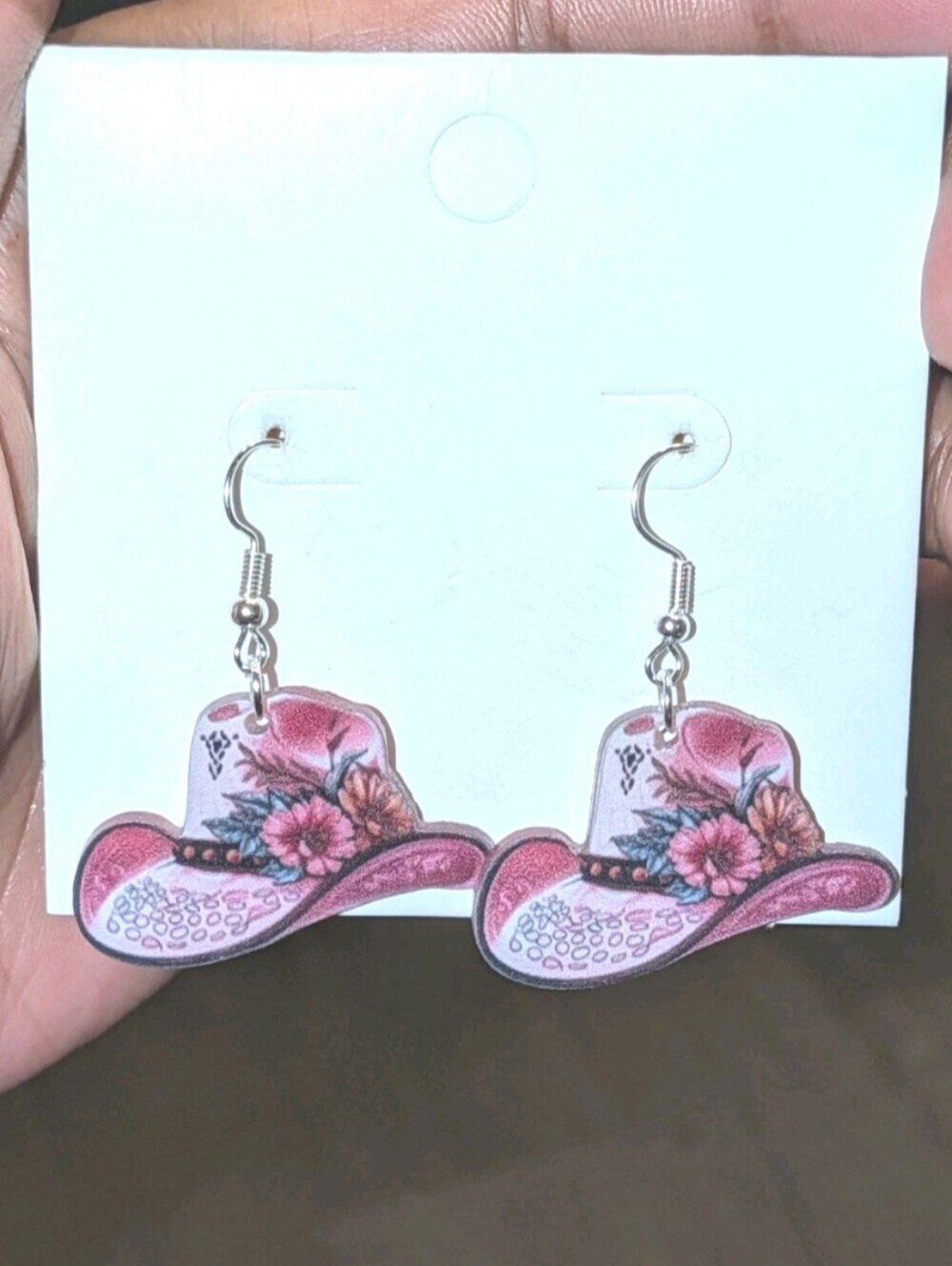 Hand Crafted Pink Floral Cowboy Hat Dangle Earrings - Women Accessories